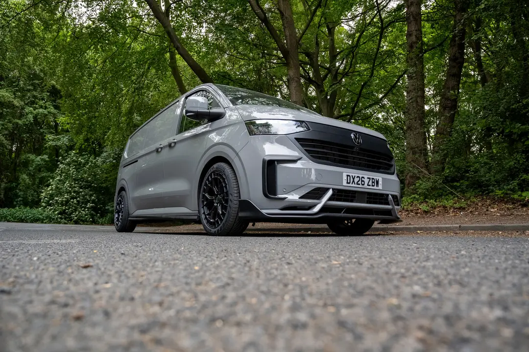 Grey VW Transporter T7 panel van from the front